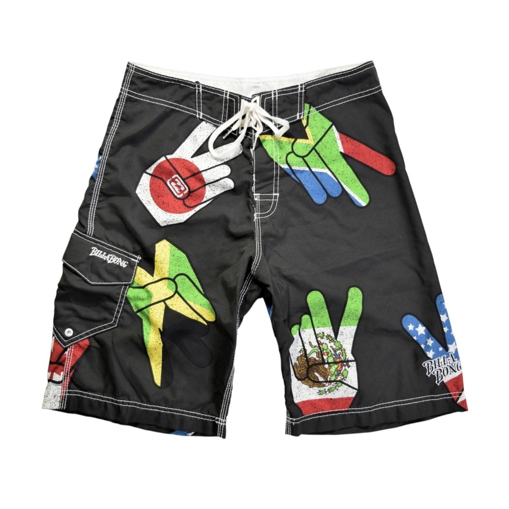 Vintage Billabong Board Shorts Men's 30 World Peace Flag Print Y2K Retro Surf
